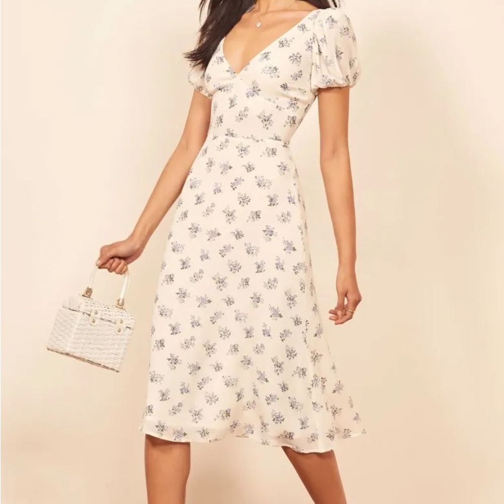 Reformation Kacey Puff Sleeve Midi in Teresa Floral Print V-neck